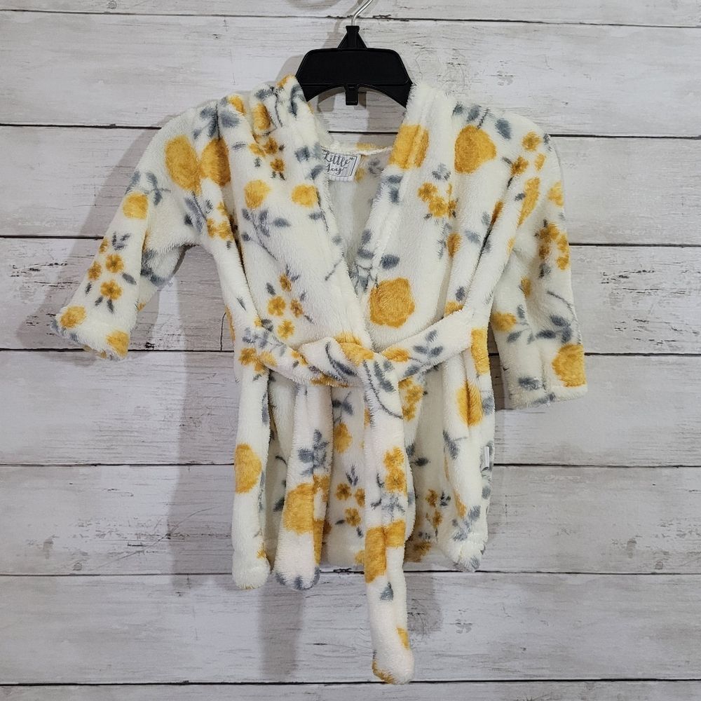 Little Joy Baby Girl Plush Floral Robe Roses in Yellow Gray White O-9 Month